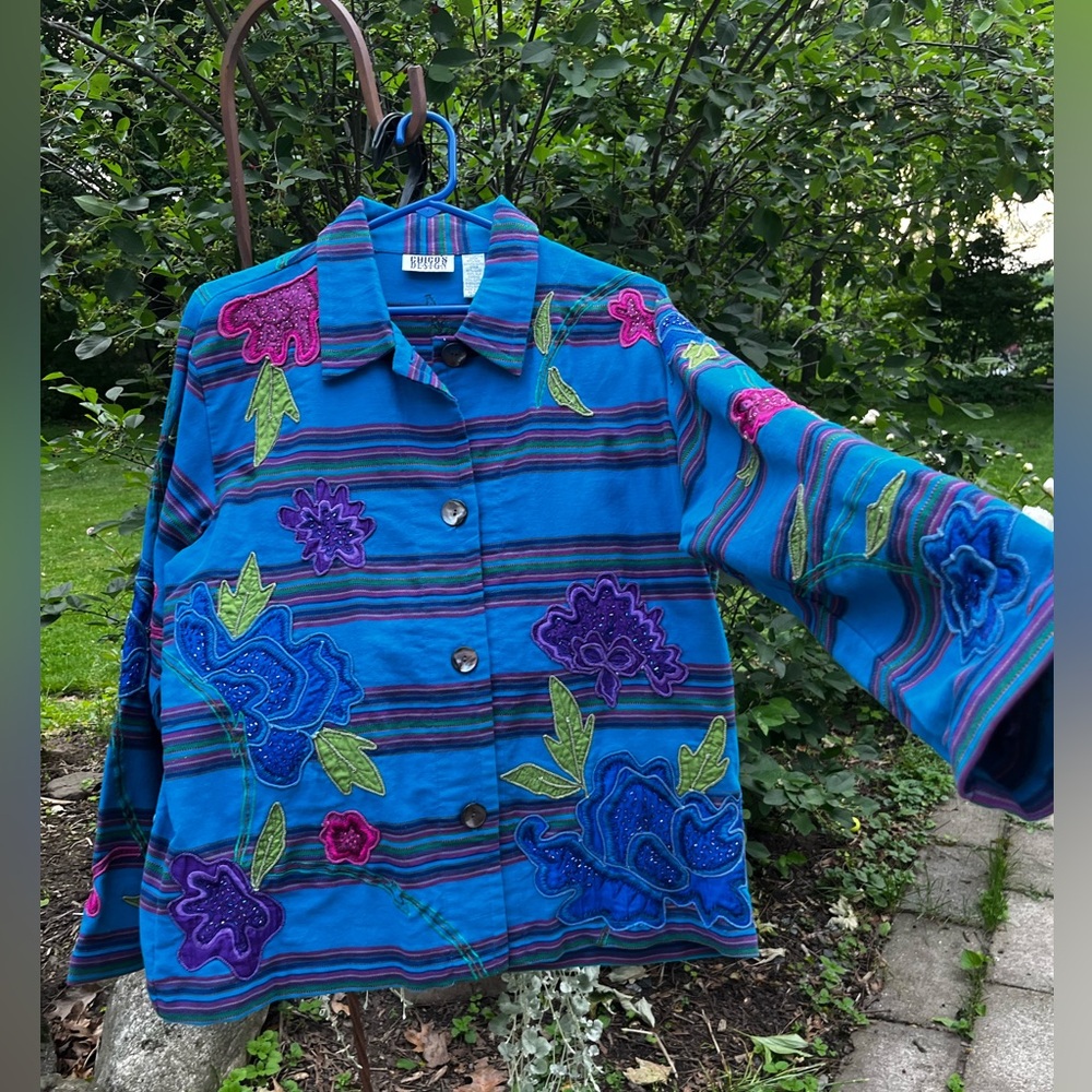 Vintage Chicos Design Blazer Jacket Size 2 Bright Blue Embroidered Floral Jacket